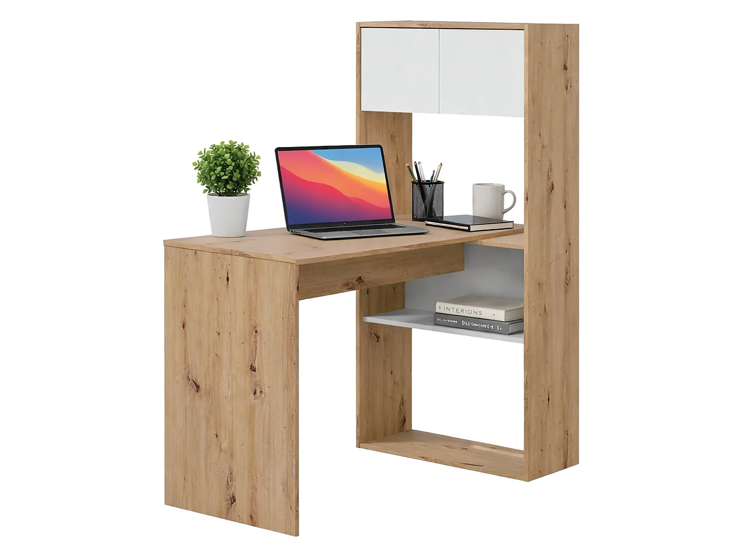 Bureau Dmangn, Bureau d'angle réversible multifonctionnel avec bibliothèque, Table d'étude ou de bureau multi-positions, 108x70h140 cm, Chêne blanc et noué