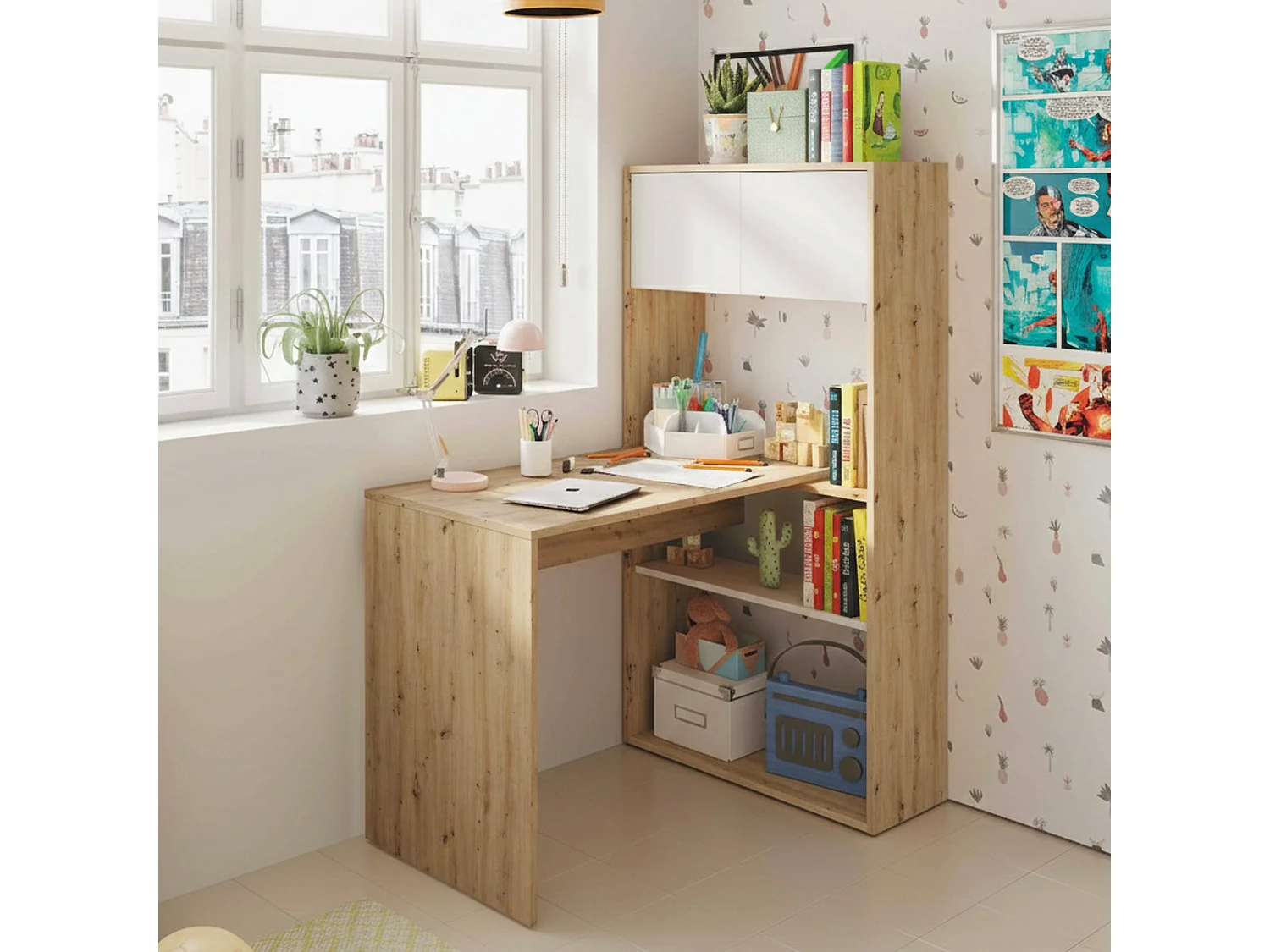 Bureau Dmangn, Bureau d'angle réversible multifonctionnel avec bibliothèque, Table d'étude ou de bureau multi-positions, 108x70h140 cm, Chêne blanc et noué