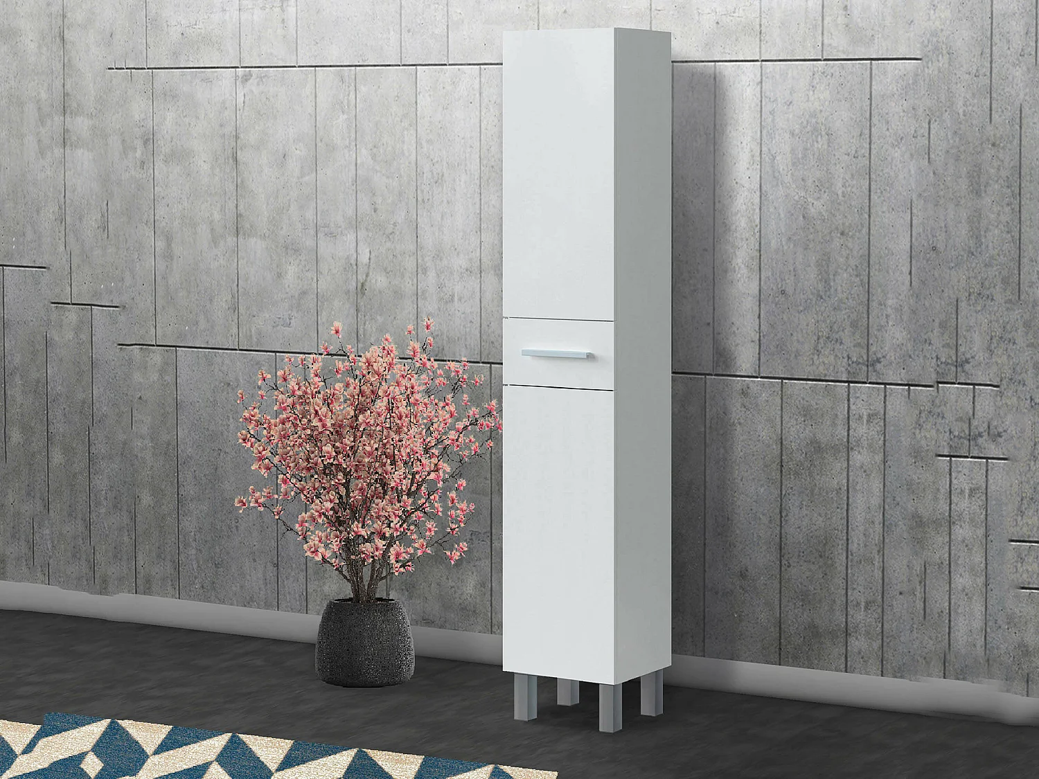 Columna de baño Wilmington, Mueble alto para baño con 2 puertas y 1 cajón, Mueble alto, 35x31h182 cm, Blanco brillo