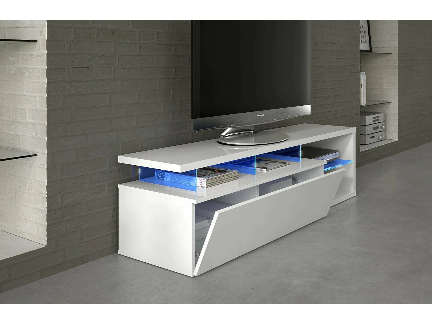 TV-Ständer Dlupert, Sideboard für Wohnzimmerfernseher mit 1 Tür, TV-Ständer mit LED-Licht, Lounge-Buffet, 150x41h50 cm, Glänzend WeiÃŸ