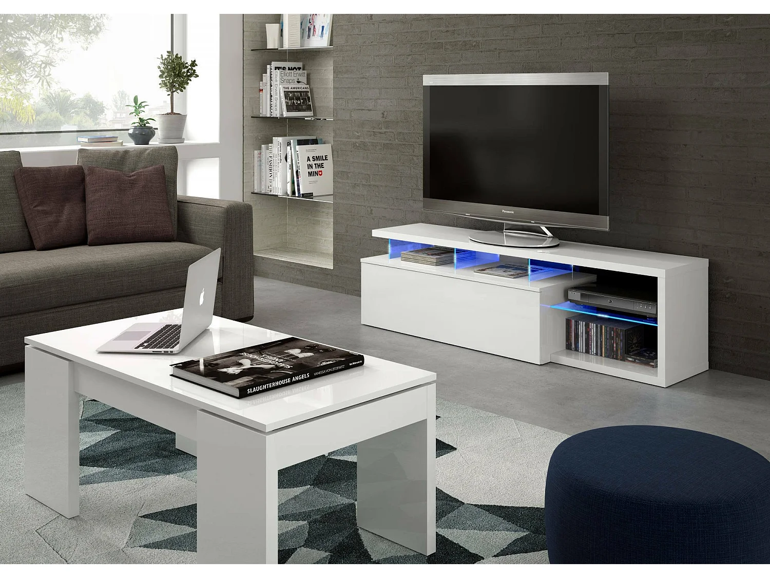 Dlupert TV-meubel, Dressoir voor woonkamertelevisie met 1 deur, TV-meubel met LED-licht, Woonkamerbuffet, 150x41h50 cm, Glanzend wit