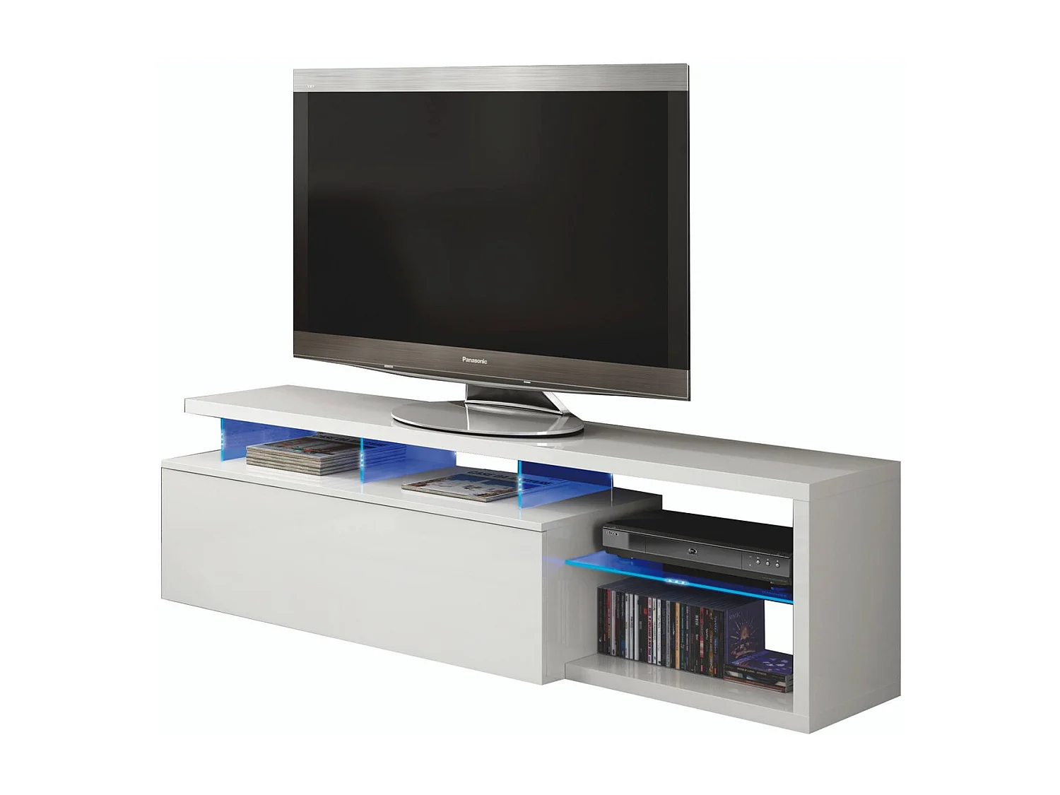 Dlupert TV-meubel, Dressoir voor woonkamertelevisie met 1 deur, TV-meubel met LED-licht, Woonkamerbuffet, 150x41h50 cm, Glanzend wit