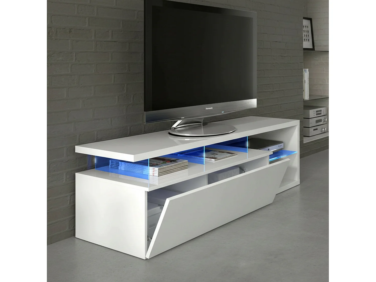 Meuble TV Dlupert, Buffet de salon, Buffet pour télévision de salon avec 1 porte, Meuble TV avec lumière LED, 150x41h50 cm, Blanc brillant