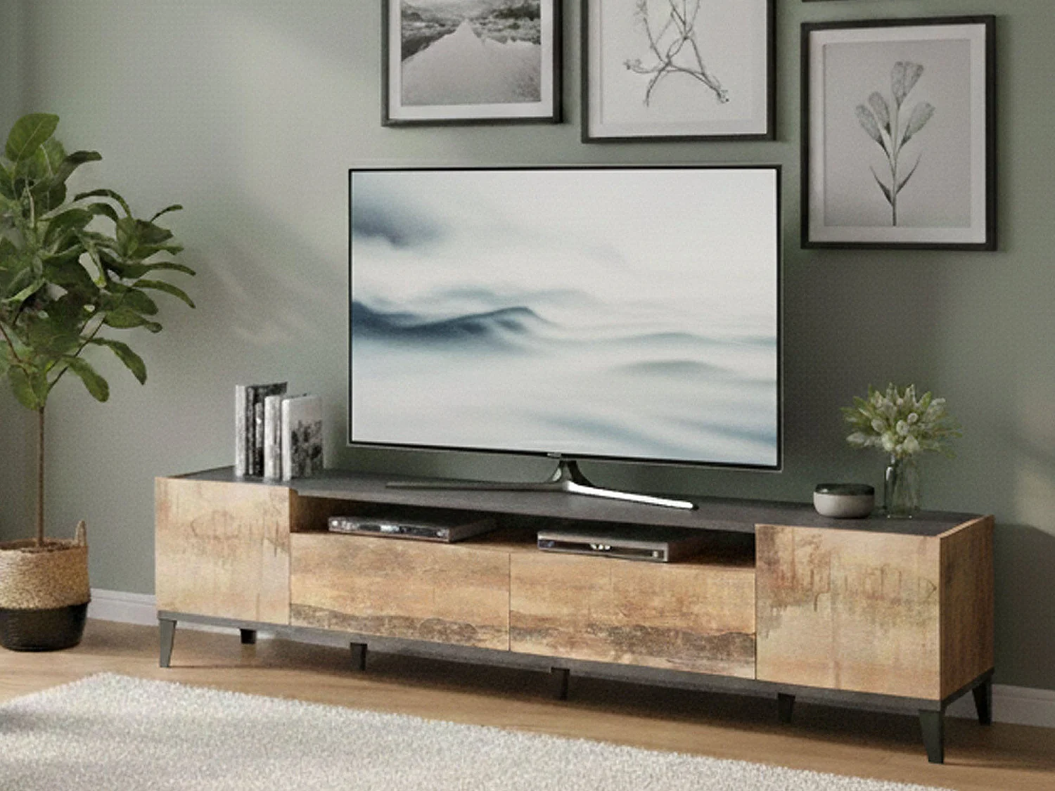 Meuble TV Dmaigna, Buffet bas de salon avec 2 portes, Base pour meuble TV, 100% Made in Italy, 200x40h47 cm, Ardoise et Érable