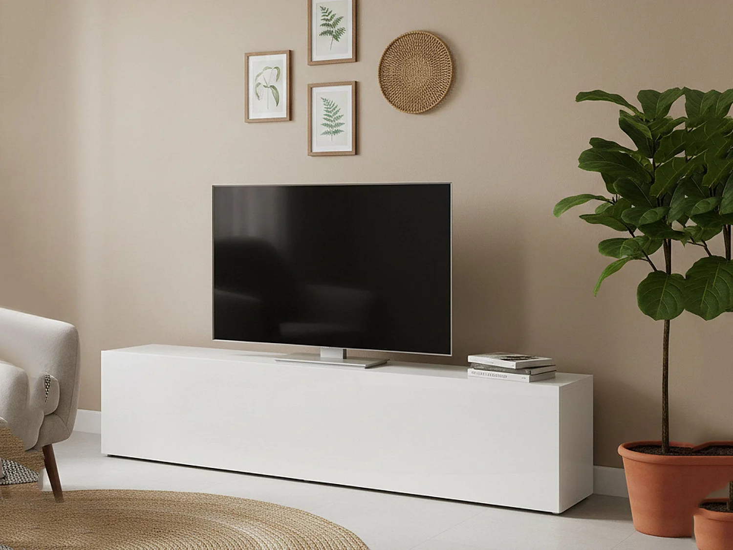 Móvel de TV cristão, Aparador baixo de sala, Base de móvel de televisão, 100% Fabricado na Itália, 180x30h40 cm, Branco brilhante