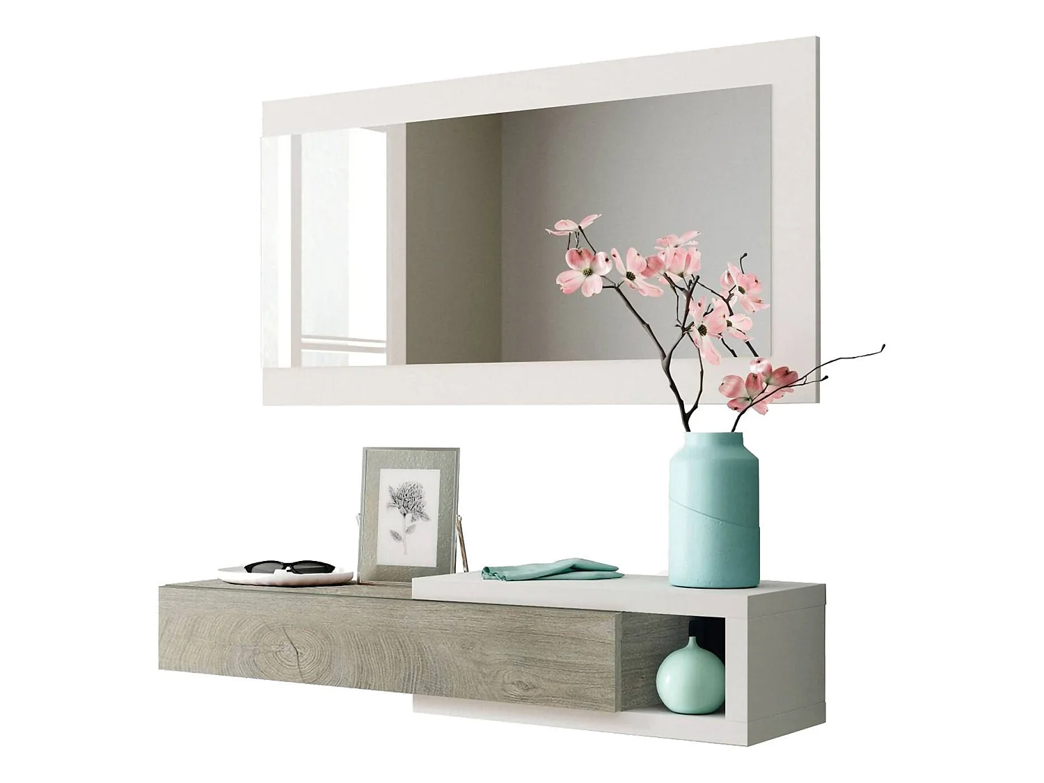 Meuble d'entrée Mcallen, Entrée réversible avec miroir, Meuble d'entrée avec tiroir, Plateau de poche pour appartements, 95x26h69 cm, Blanc et Chêne