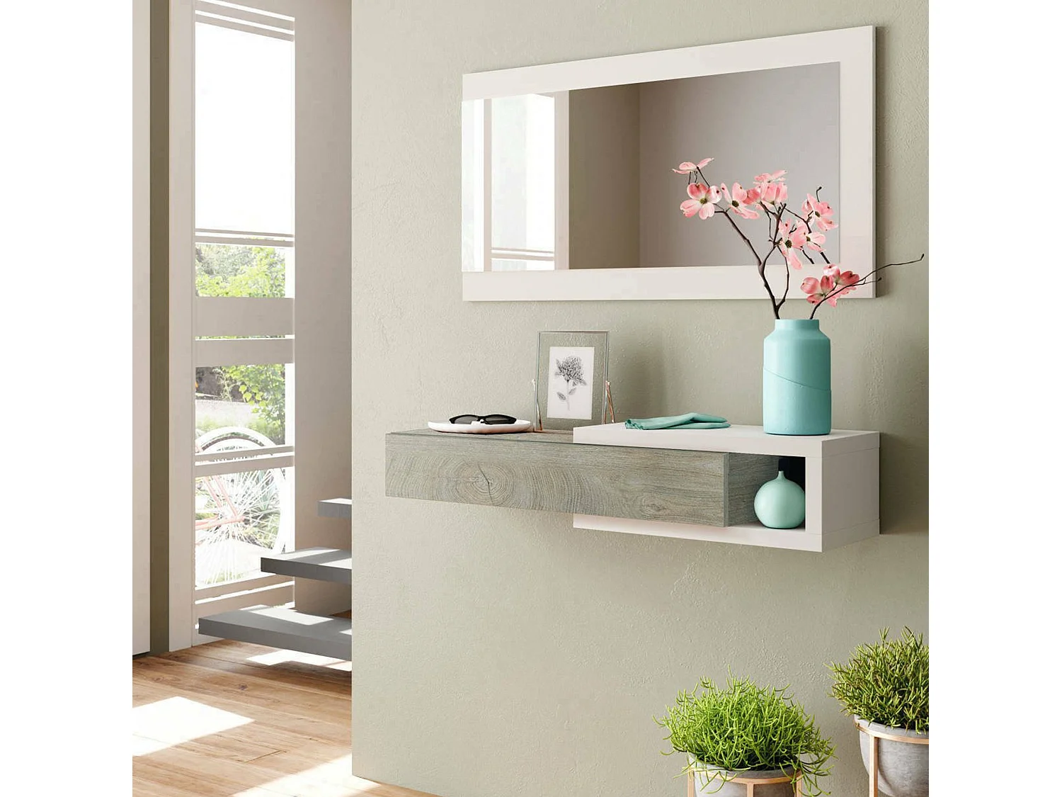 Meuble d'entrée Mcallen, Entrée réversible avec miroir, Meuble d'entrée avec tiroir, Plateau de poche pour appartements, 95x26h69 cm, Blanc et Chêne