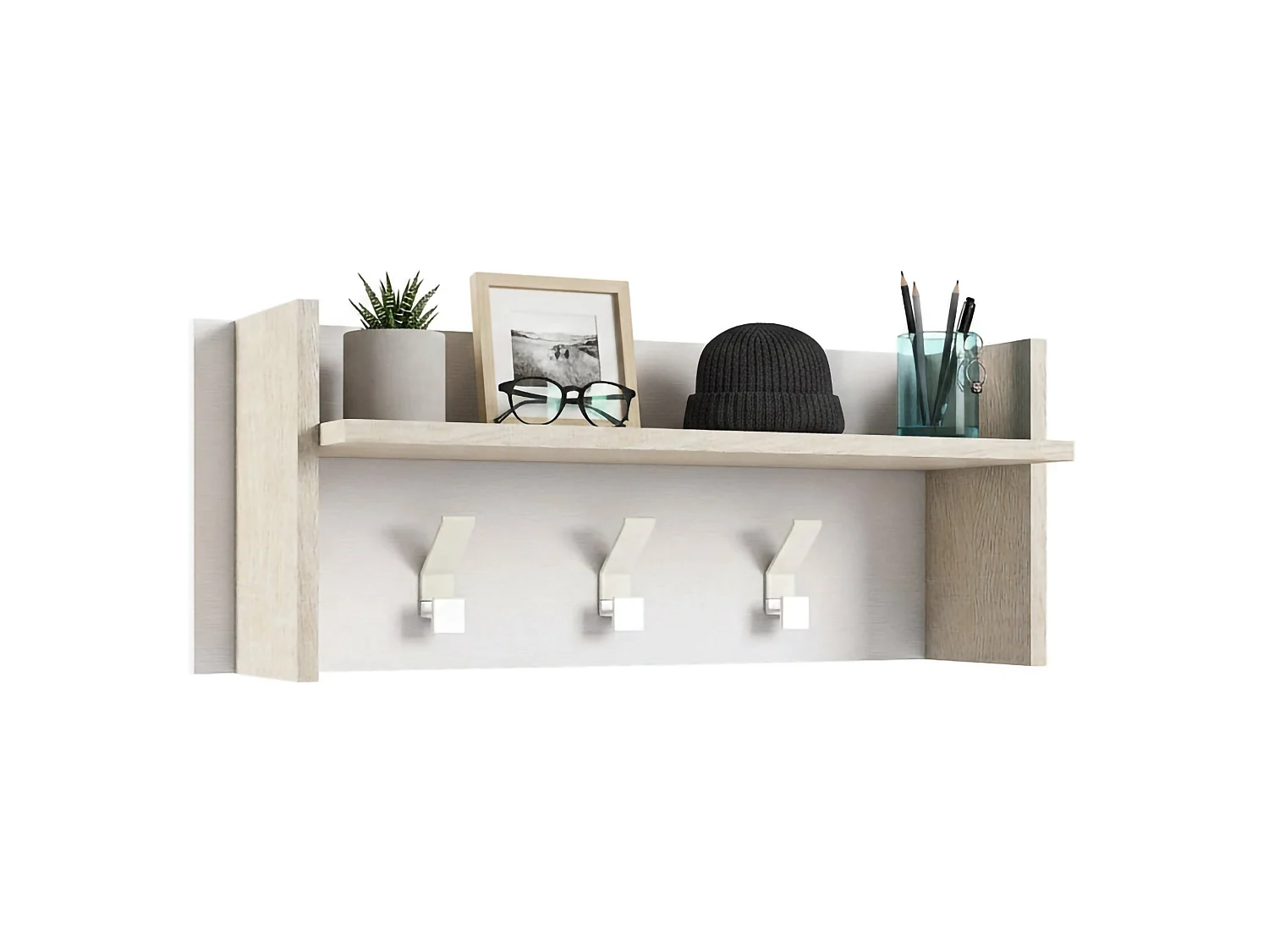Mobilier d'entrée Narciso, Cintre avec 3 crochets, Etagère de rangement d'entrée, 100% Made in Italy, 90x29h34 cm, Blanc et Chêne