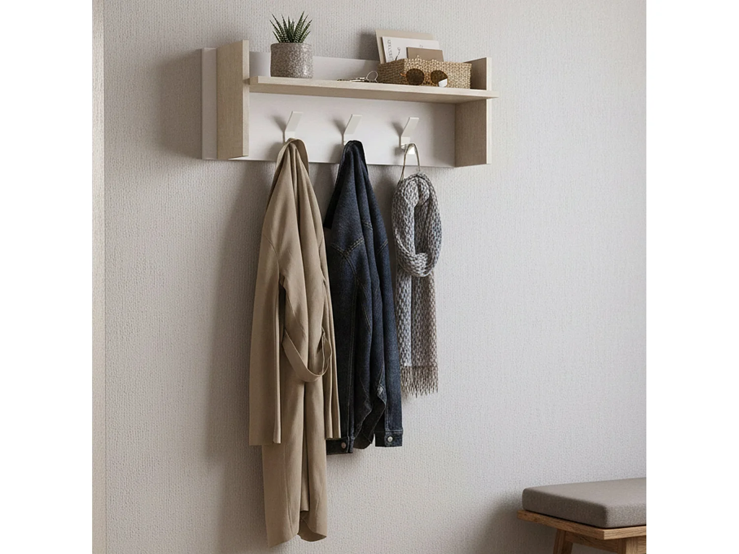 Mobilier d'entrée Narciso, Cintre avec 3 crochets, Etagère de rangement d'entrée, 100% Made in Italy, 90x29h34 cm, Blanc et Chêne
