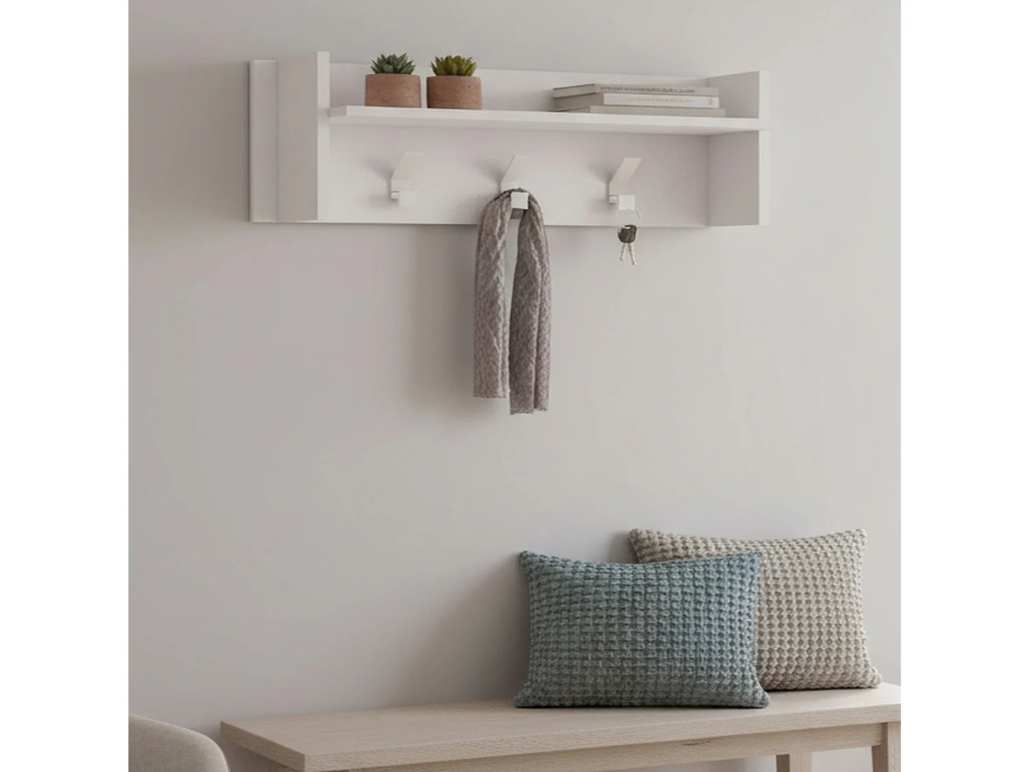 Mobilier d'entrée Narciso, Cintre avec 3 crochets, Etagère de rangement d'entrée, 100% Made in Italy, 90x29h34 cm, Blanc