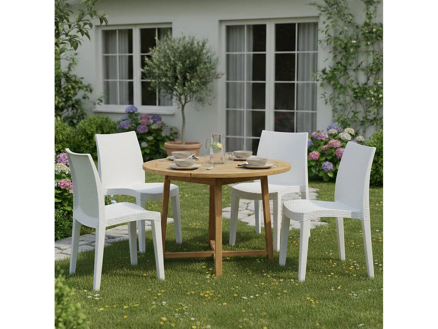 Juego de 4 sillas de exterior Ravenna, Asientos de jardín, Sillas de mesa de comedor, Sillón de exterior efecto ratán, 100% Made in Italy, 55x48h86 cm, Blanco