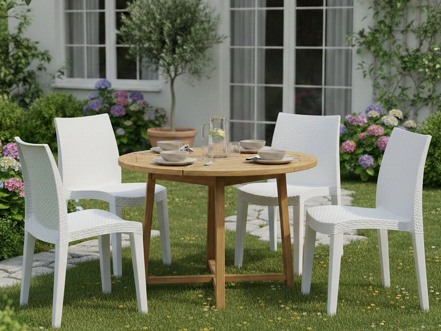 Juego de 4 sillas de exterior Ravenna, Asientos de jardín, Sillas de mesa de comedor, Sillón de exterior efecto ratán, 100% Made in Italy, 55x48h86 cm, Blanco