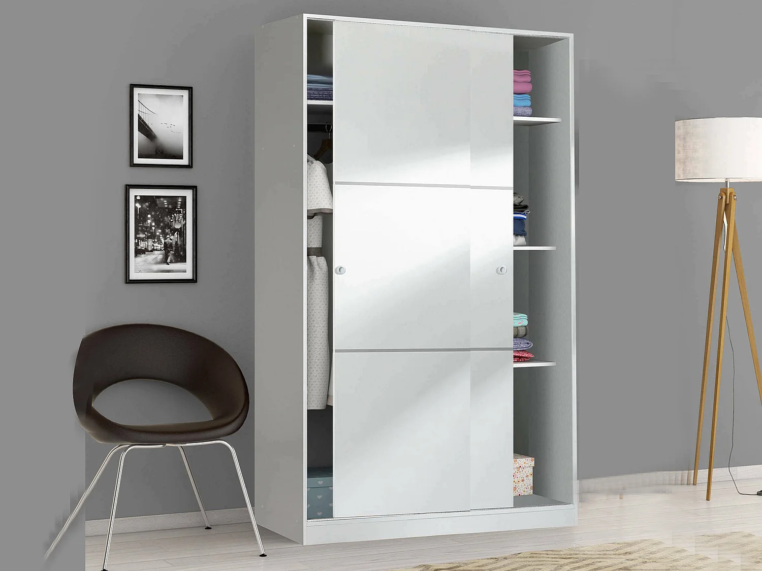 Armario Waterbury, Armario para Dormitorio con 2 Puertas Correderas, Armario con 4 Estantes y Barra para Ropa, 120x50h200 cm, Blanco