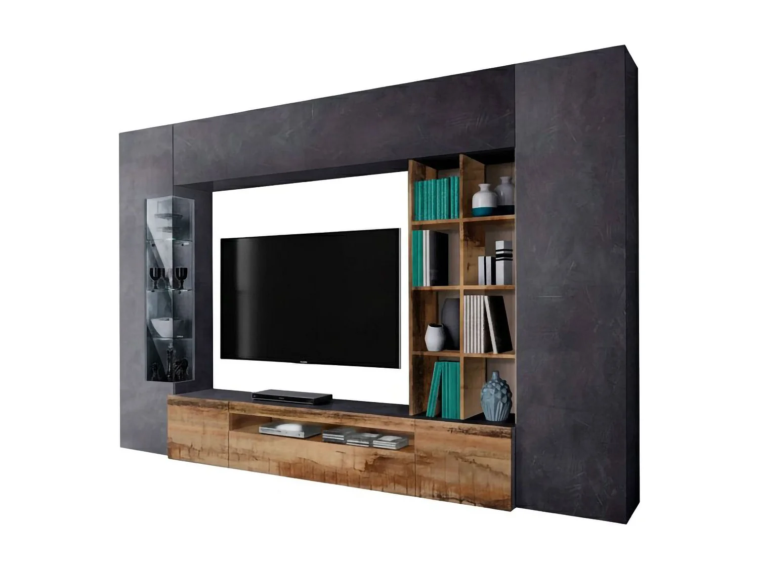 Unité murale Dlazzar, ensemble de salon meuble TV, meuble de salon polyvalent avec lumière LED, 100% Made in Italy, 290x40h192 cm, Ardoise et Érable