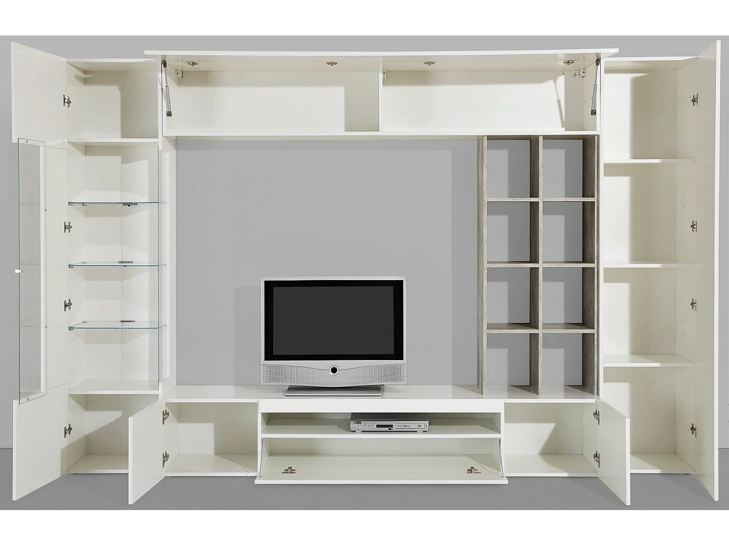 Unité murale Dlazzar, ensemble de salon meuble TV, meuble de salon polyvalent avec lumière LED, 100% Made in Italy, 290x40h192 cm, Ardoise et Érable