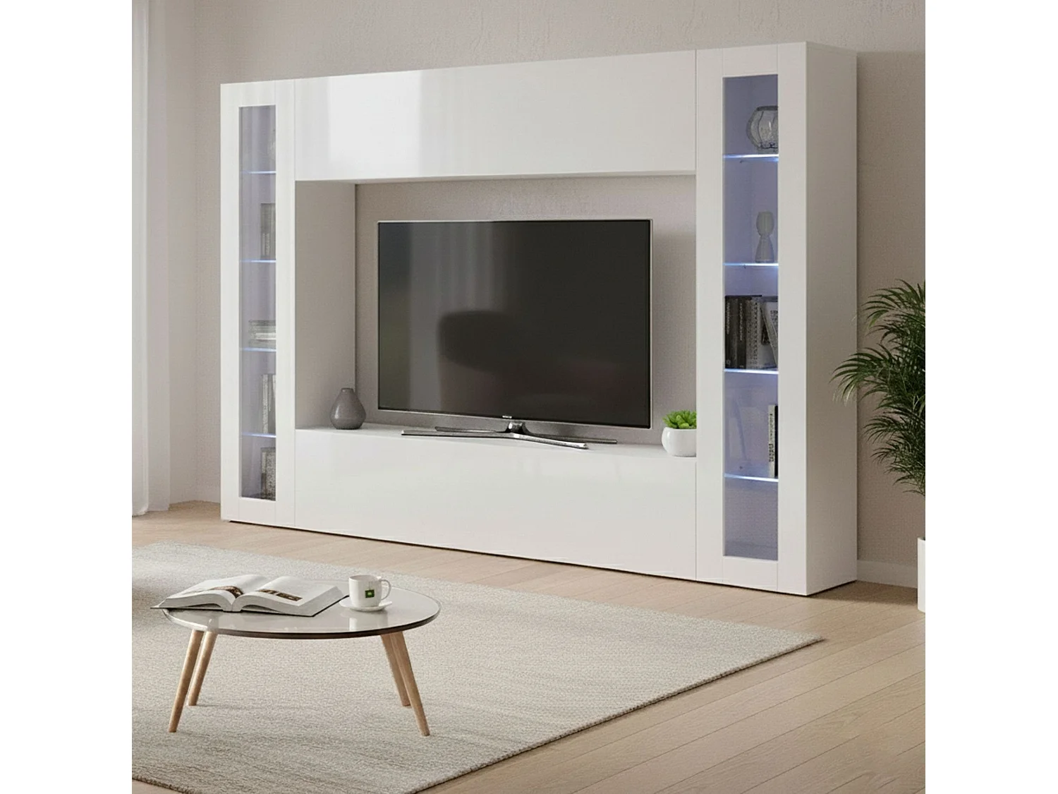 Élément mural Luigi, meuble TV 4 portes, Meuble de salon polyvalent, 100% Made in Italy, 260x30h180 cm, Blanc brillant, avec lumière LED bleue et deux vitrines