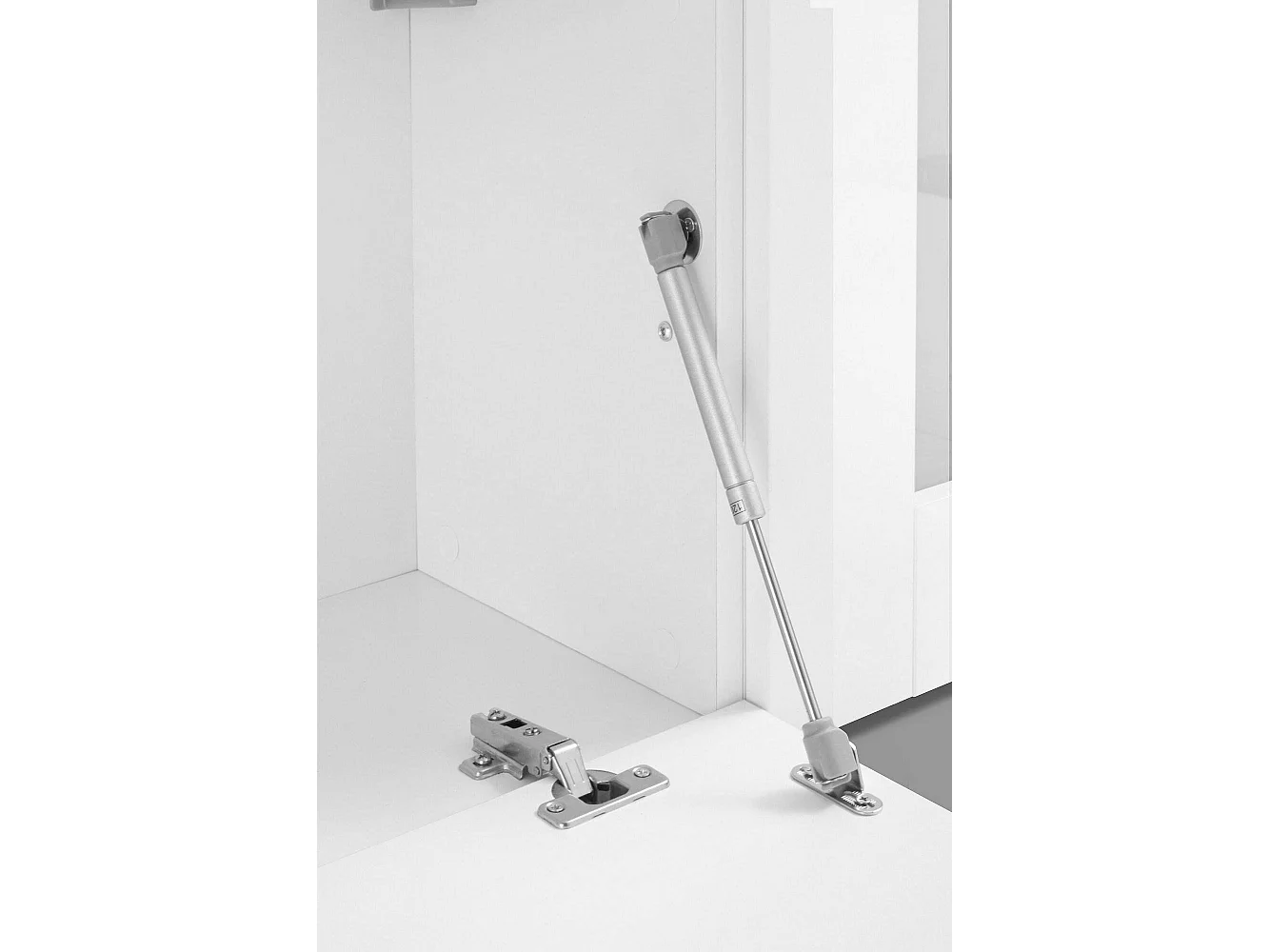 Élément mural Luigi, meuble TV 4 portes, Meuble de salon polyvalent, 100% Made in Italy, 260x30h180 cm, Blanc brillant, avec lumière LED bleue et deux vitrines