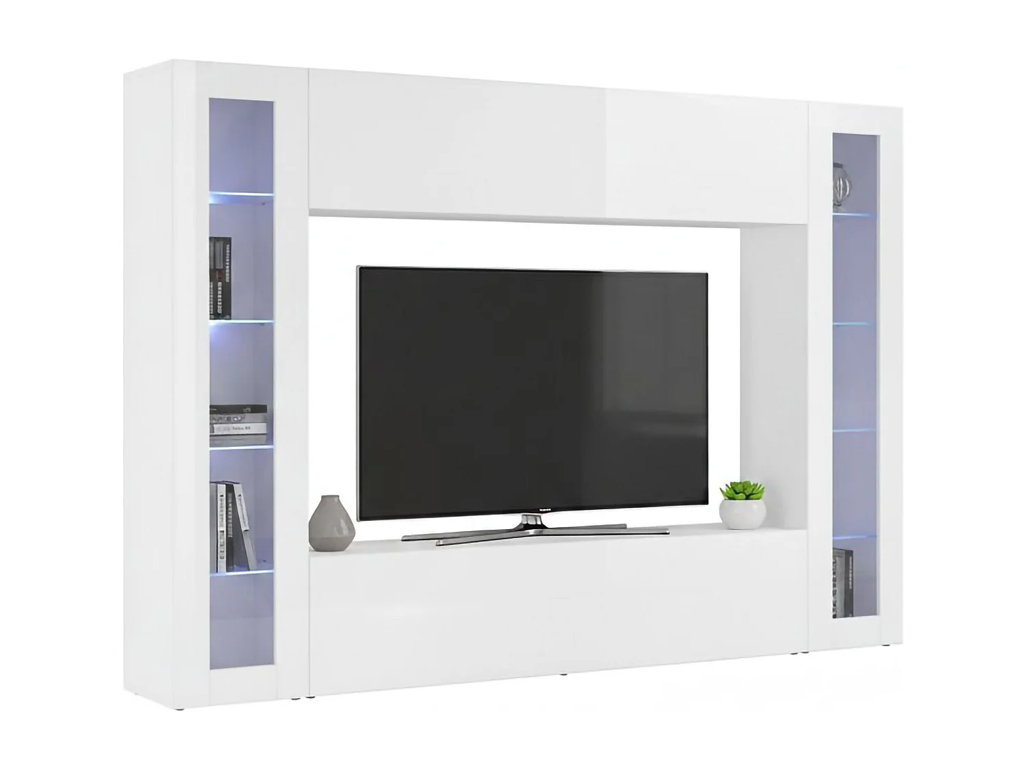 Élément mural Luigi, meuble TV 4 portes, Meuble de salon polyvalent, 100% Made in Italy, 260x30h180 cm, Blanc brillant, avec lumière LED bleue et deux vitrines