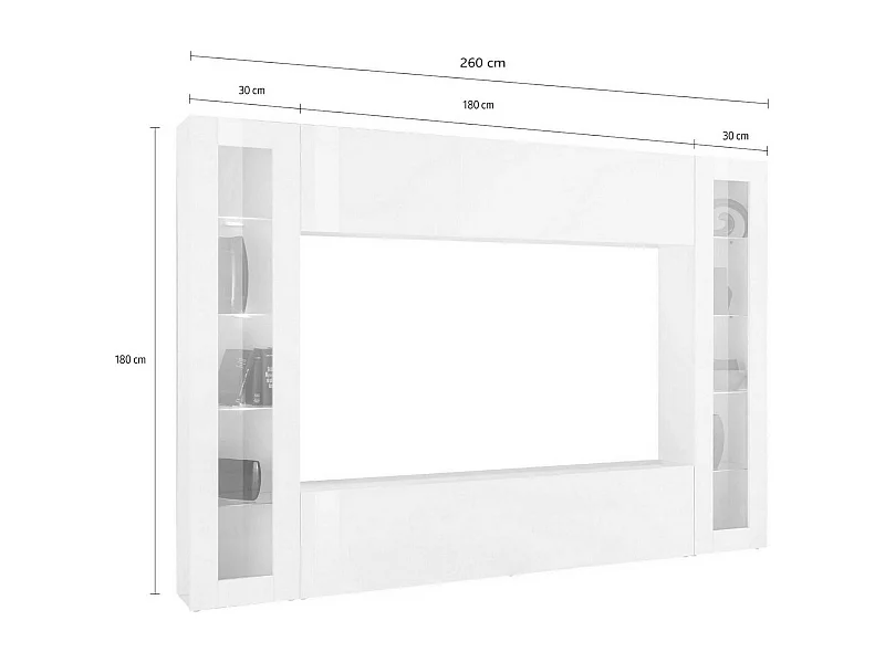 Dmora Wandkast Luigi 30x260x180h cm Hoogglans Wit 11 Planken 4 Deuren, 14 Vakken Made in Italy