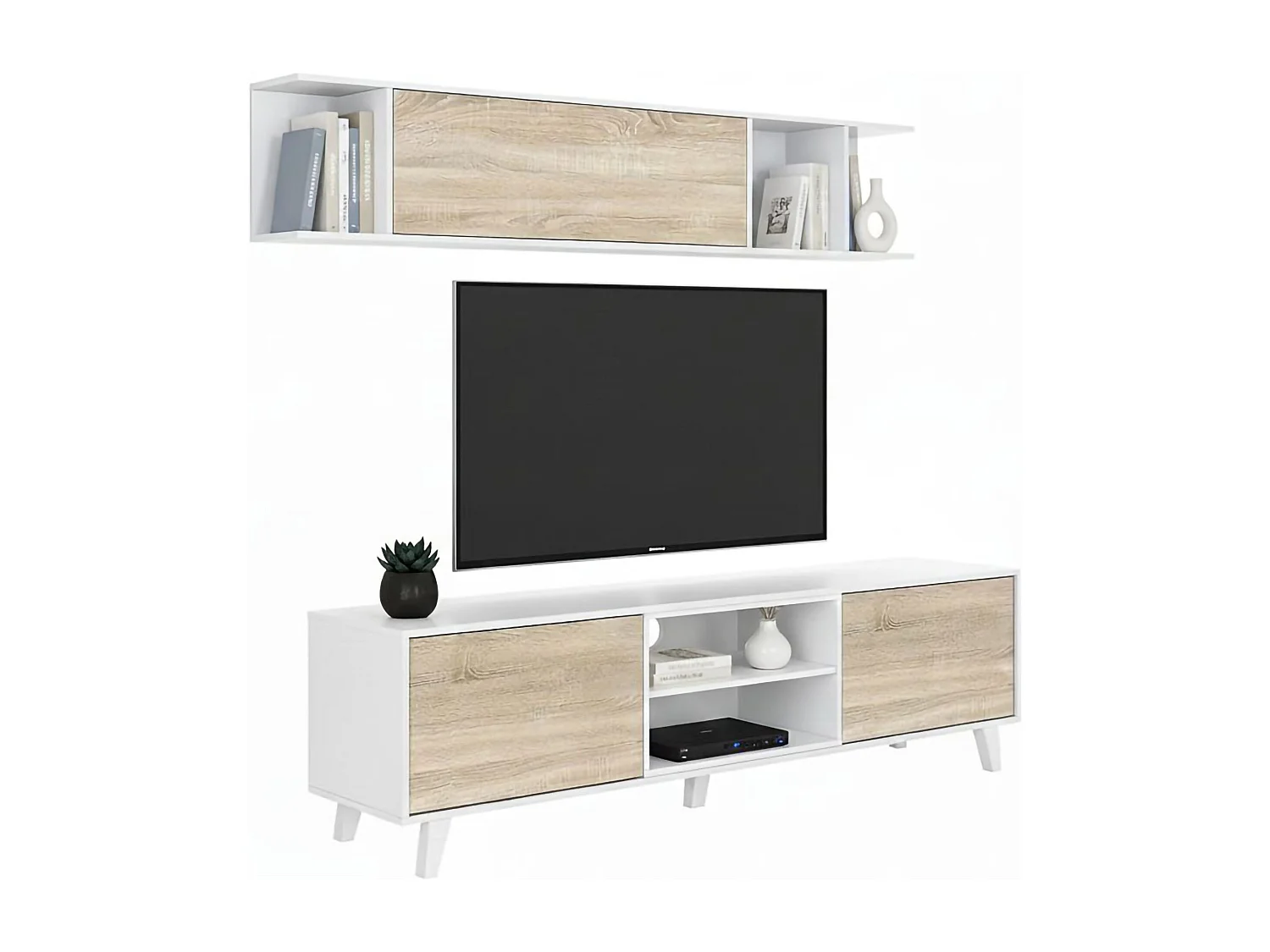 Système mural Buffalo, meuble TV, meuble de salon, composition de salon avec élément mural, 180x41h51 cm, blanc et chêne