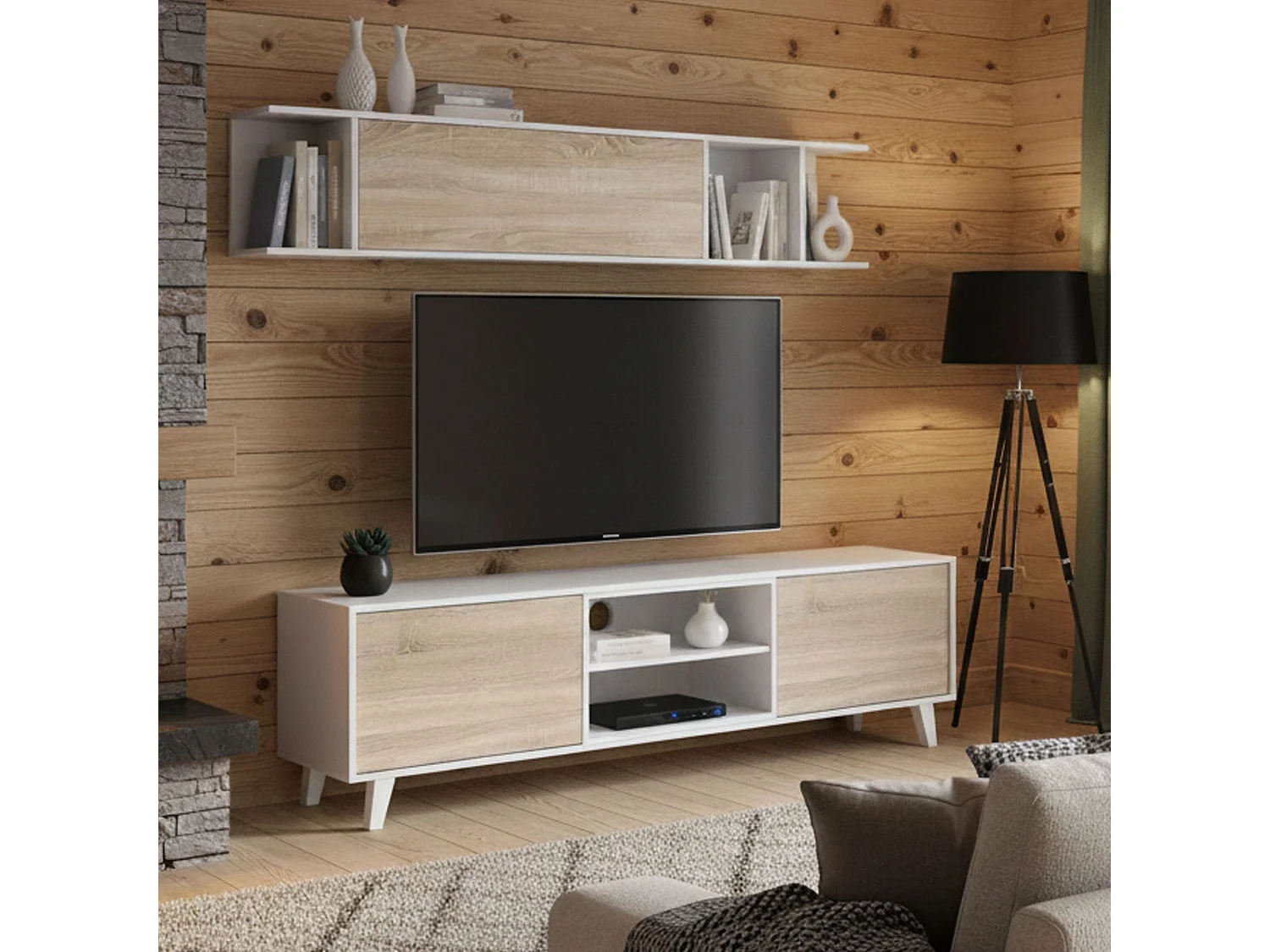 Système mural Buffalo, meuble TV, meuble de salon, composition de salon avec élément mural, 180x41h51 cm, blanc et chêne