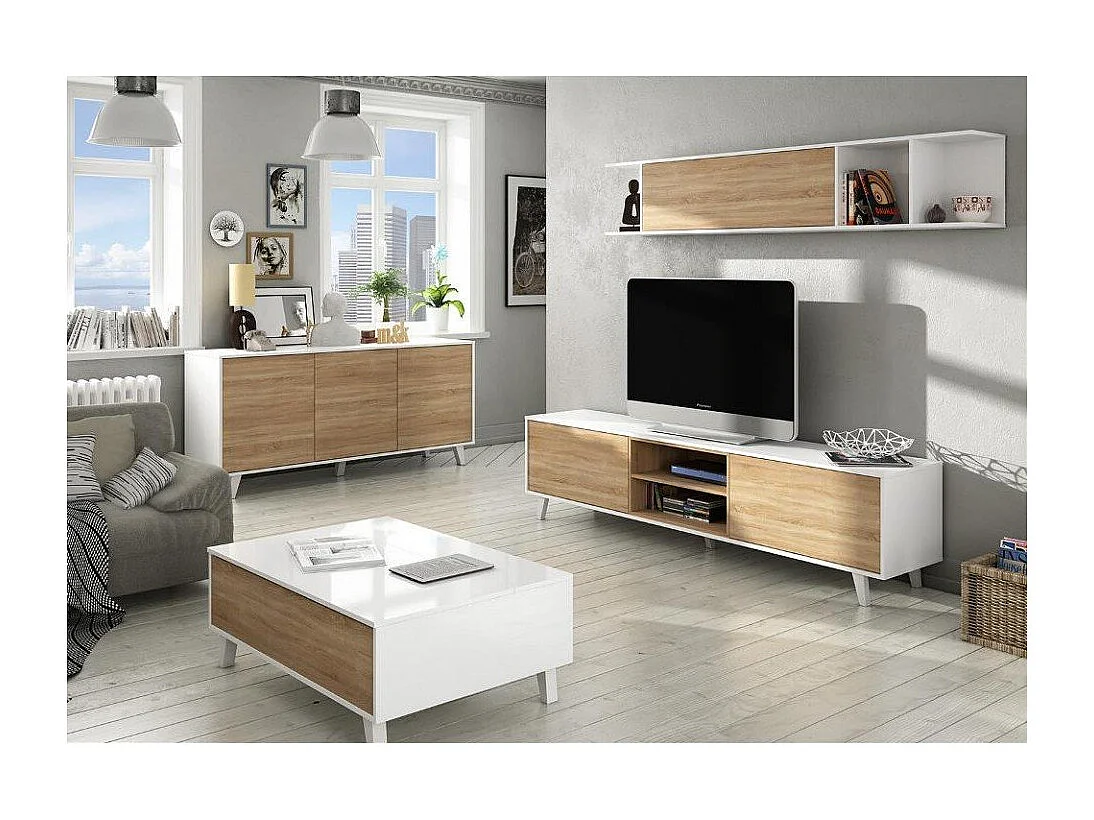 Système mural Buffalo, meuble TV, meuble de salon, composition de salon avec élément mural, 180x41h51 cm, blanc et chêne