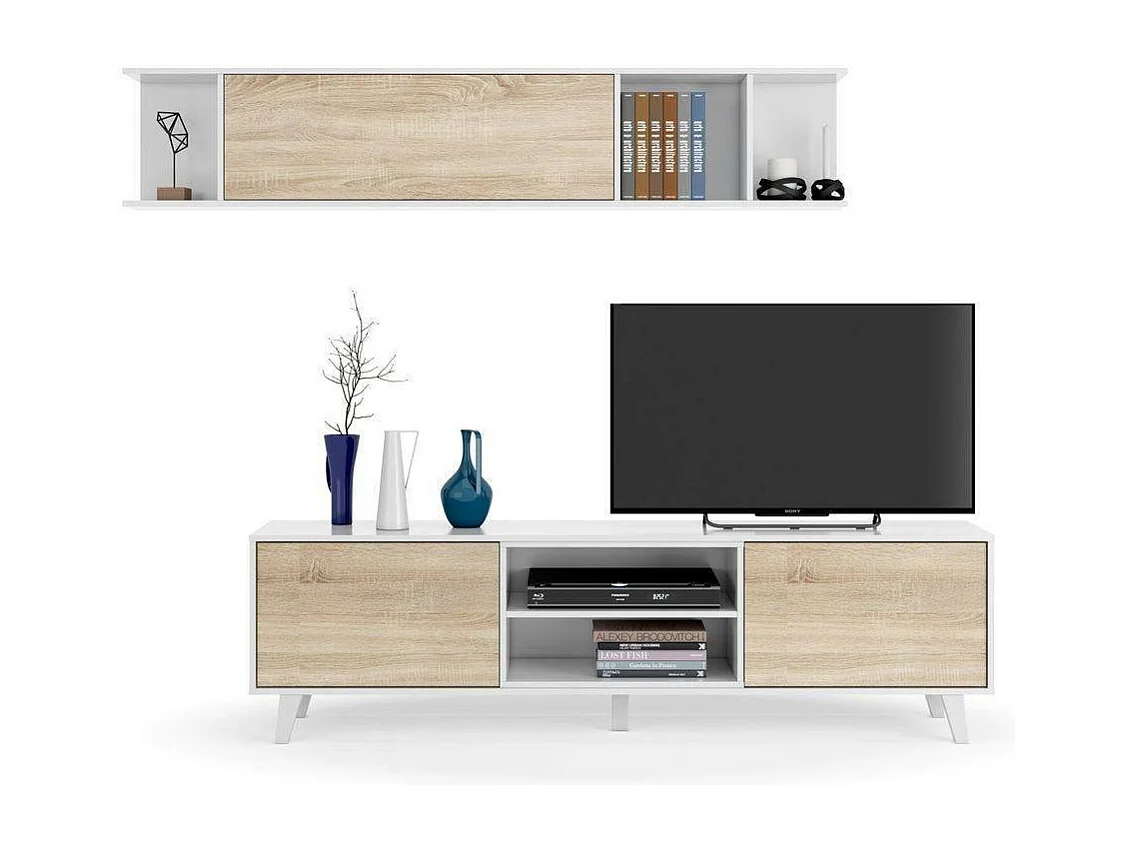 Système mural Buffalo, meuble TV, meuble de salon, composition de salon avec élément mural, 180x41h51 cm, blanc et chêne