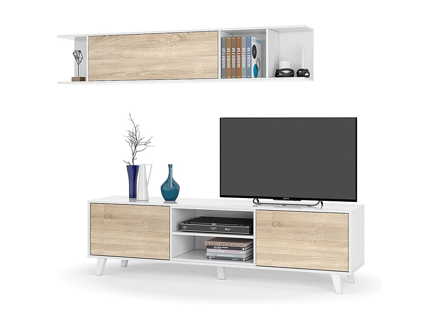 Système mural Buffalo, meuble TV, meuble de salon, composition de salon avec élément mural, 180x41h51 cm, blanc et chêne