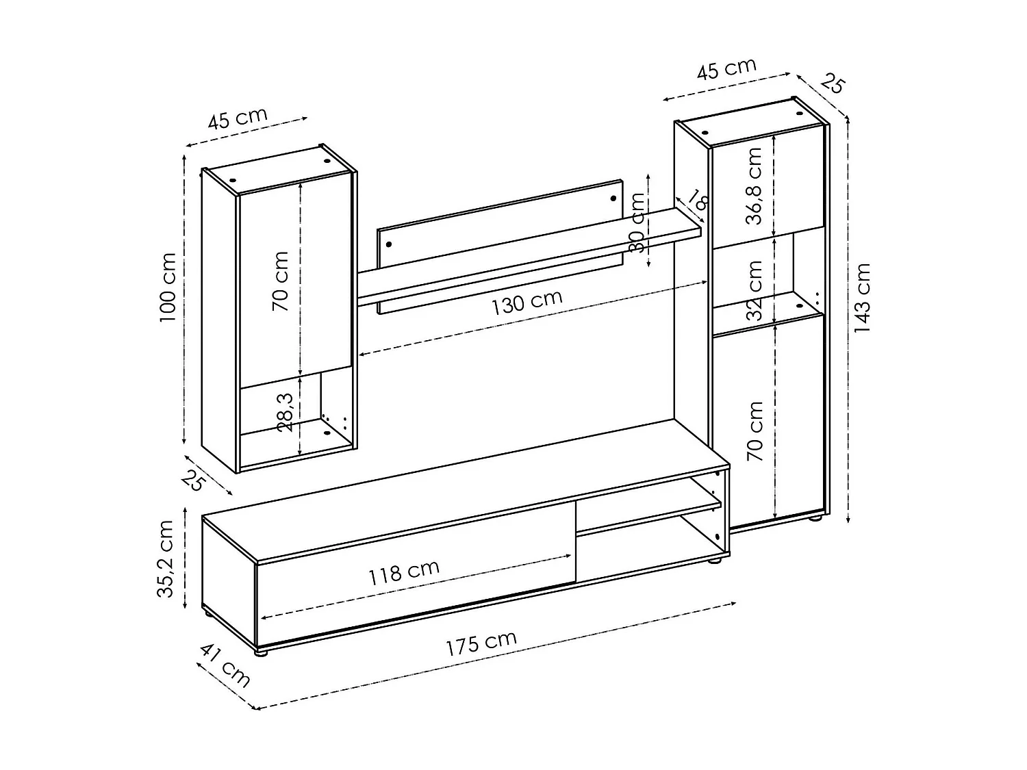 Dzuell wandsysteem, TV-meubel woonkamerset, Multifunctioneel woonkamermeubilair, 220x41h180 cm, Geknoopt eiken en wit
