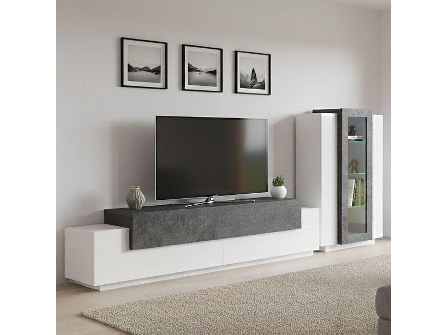 Système mural Mirko, ensemble de salon meuble TV, meuble de salon polyvalent, 100% Made in Italy, 280x45h121 cm, blanc brillant et ardoise