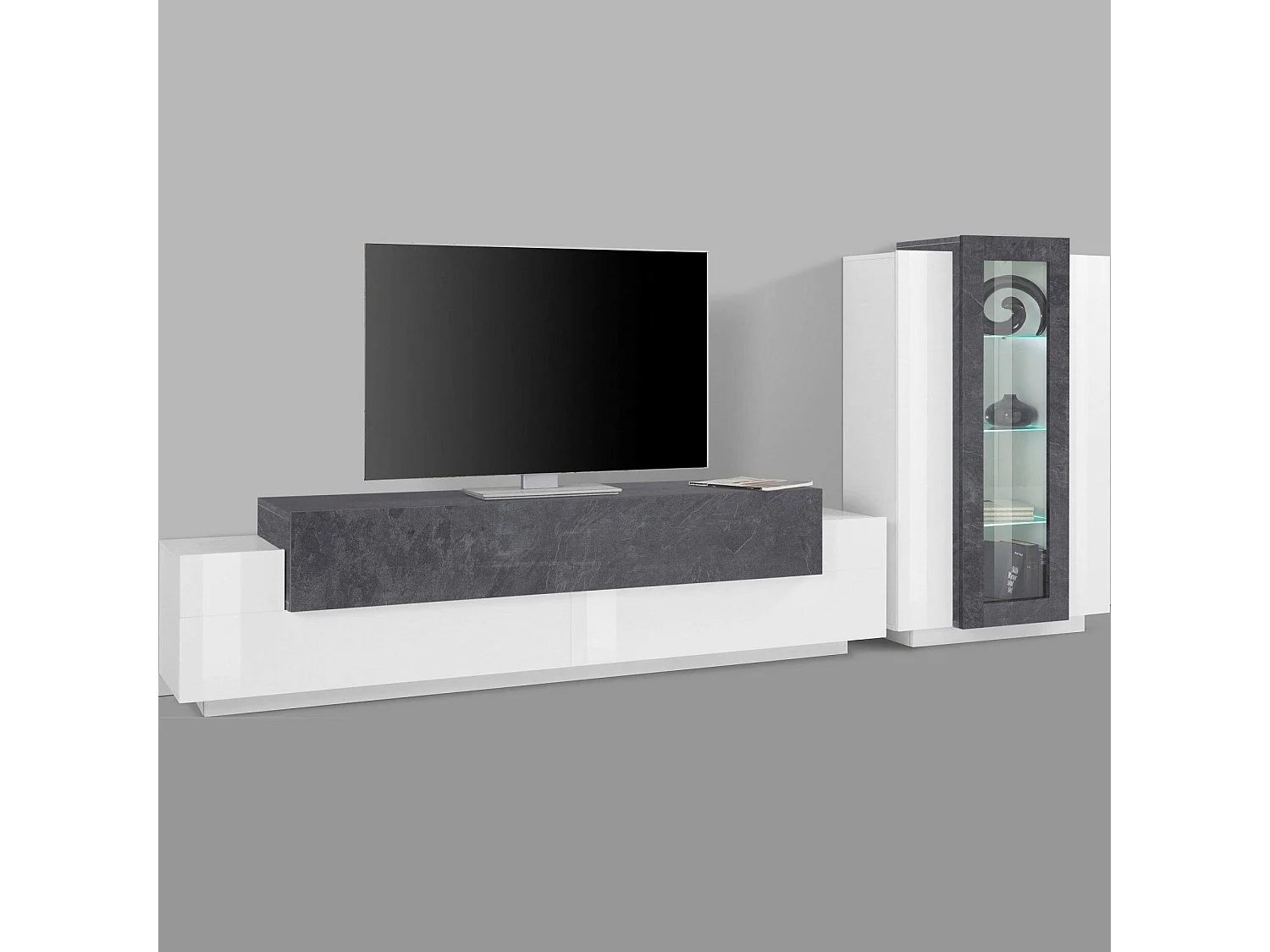 Parete attrezzata Mirko, Set salotto porta TV, Mobile soggiorno multiuso, 100% Made in Italy, cm 280x45h121, Bianco lucido e Ardesia