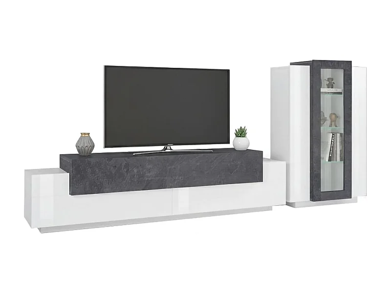 Sistema de parede Mirko, conjunto de sala de TV, móveis de sala multiuso, 100% fabricado na Itália, 280x45h121 cm, branco brilhante e ardósia