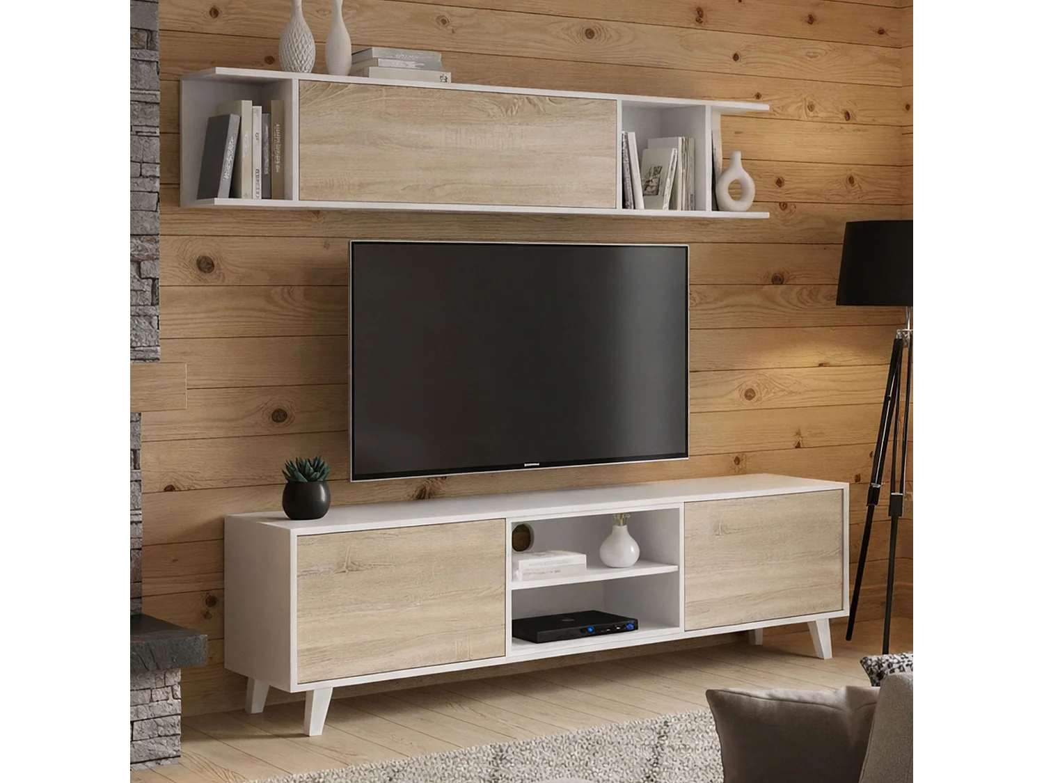 Pared equipada Aslan, modular, blanco brillante, mueble de salón, 6 estantes, 3 puertas