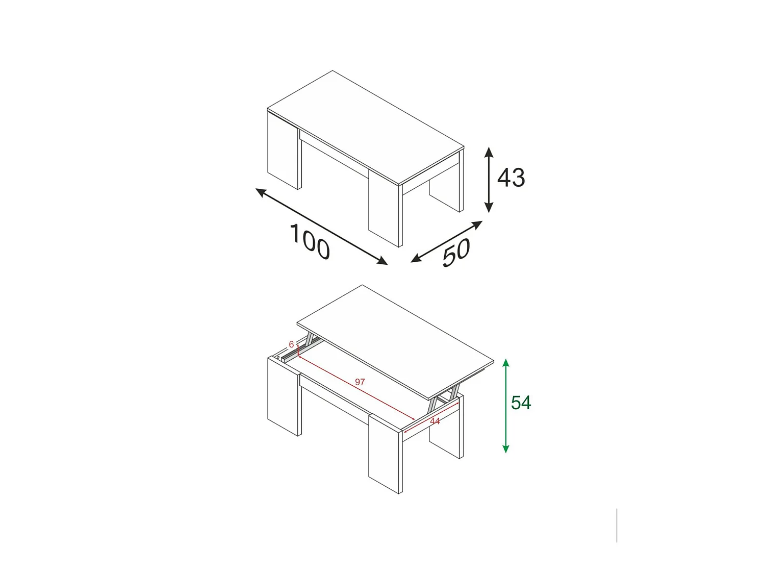 Table basse Dgollin, Table basse avec plateau relevable, Table basse de salon, 100x50h43/84 cm, Blanc brillant