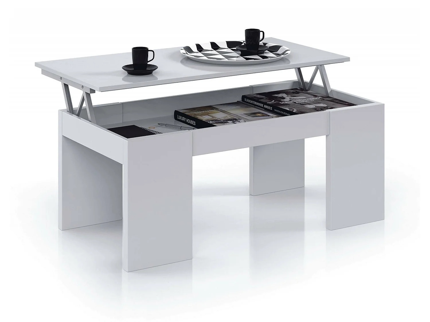 Table basse Dgollin, Table basse avec plateau relevable, Table basse de salon, 100x50h43/84 cm, Blanc brillant