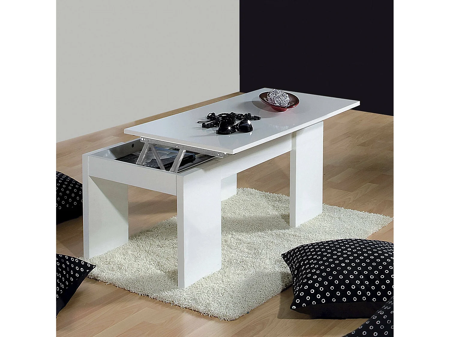 Table basse Dgollin, Table basse avec plateau relevable, Table basse de salon, 100x50h43/84 cm, Blanc brillant