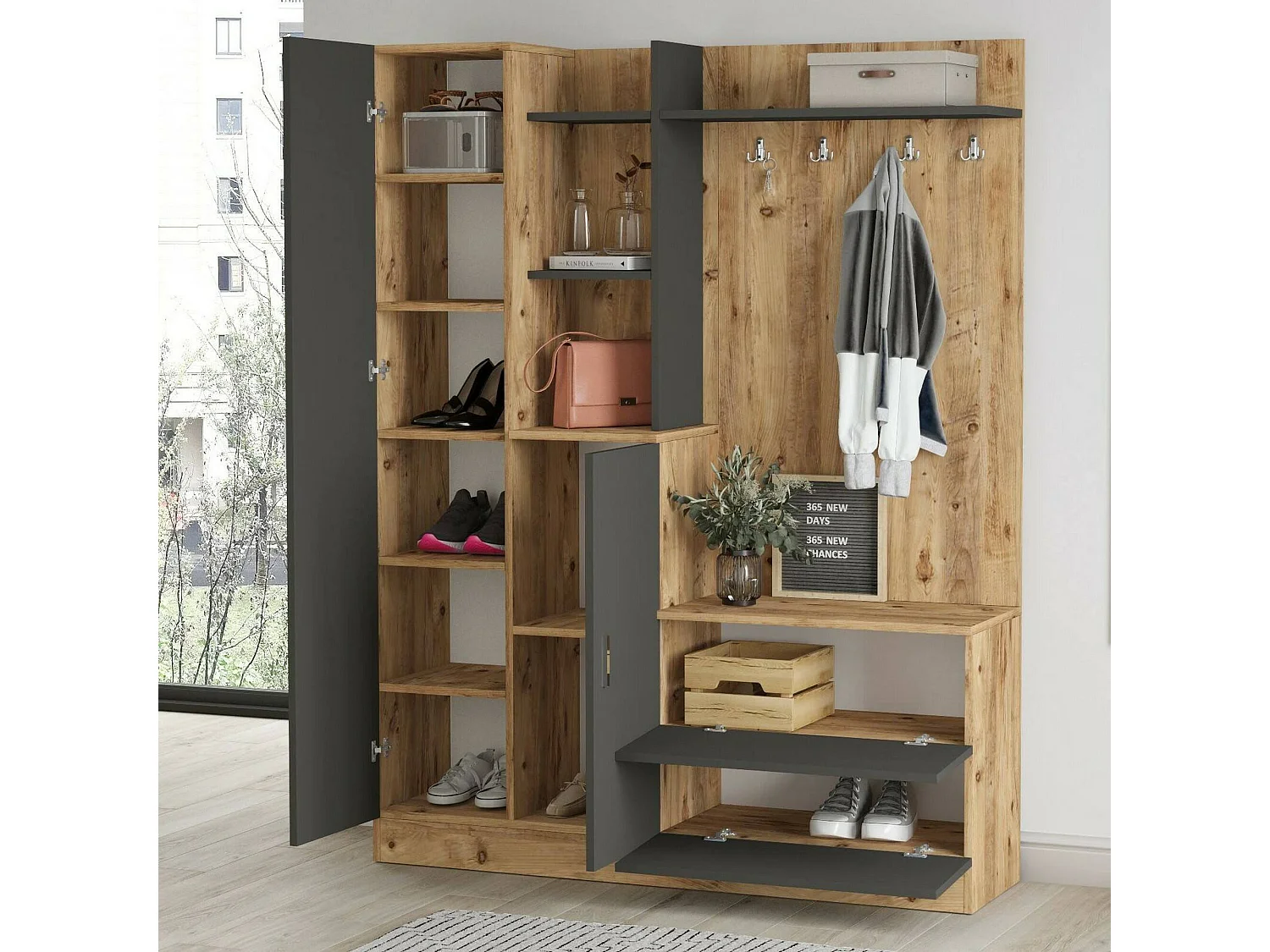 Muebles de entrada Dmasiell, Entrada para perchas, Composición para atrio, Consola de almacenamiento multifunción, 140x37h182 cm, Roble y Antracita