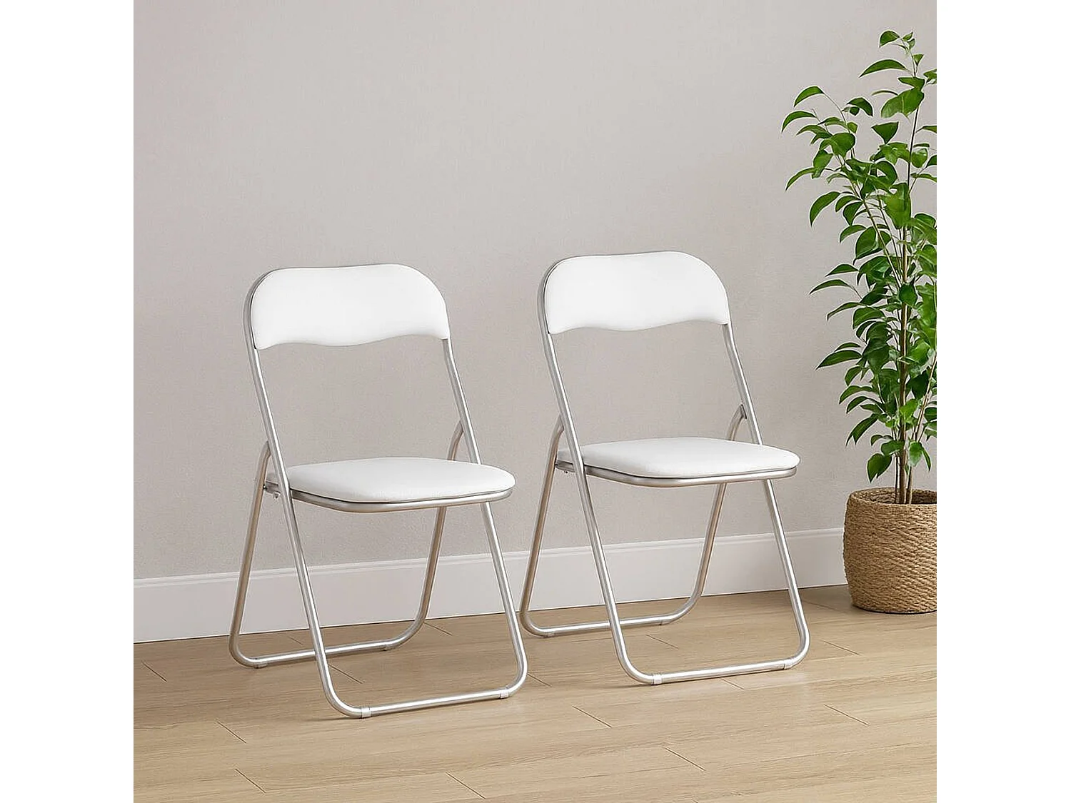 Lot de 2 chaises pliantes Marbella, Fauteuil gain de place, Chaise invité, Siège de réunion en simili cuir, 43x47h80 cm, Blanc