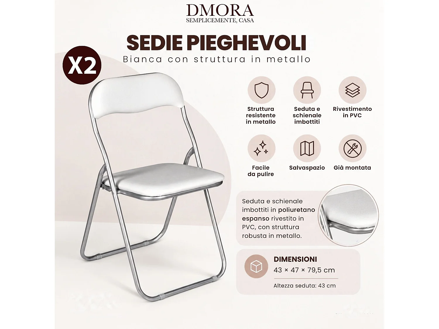 Lot de 2 chaises pliantes Marbella, Fauteuil gain de place, Chaise invité, Siège de réunion en simili cuir, 43x47h80 cm, Blanc