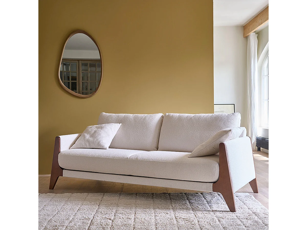 Sofá recto de 4 plazas de madera maciza y bouclette blanco