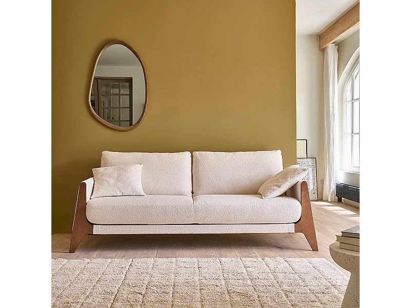 Sofá recto de 4 plazas de madera maciza y bouclette blanco