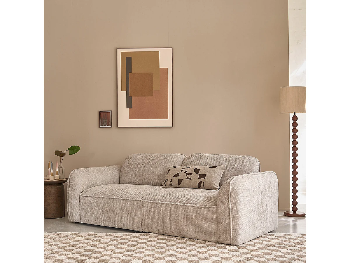 Divano lineare a 3 posti in velluto intrecciato beige