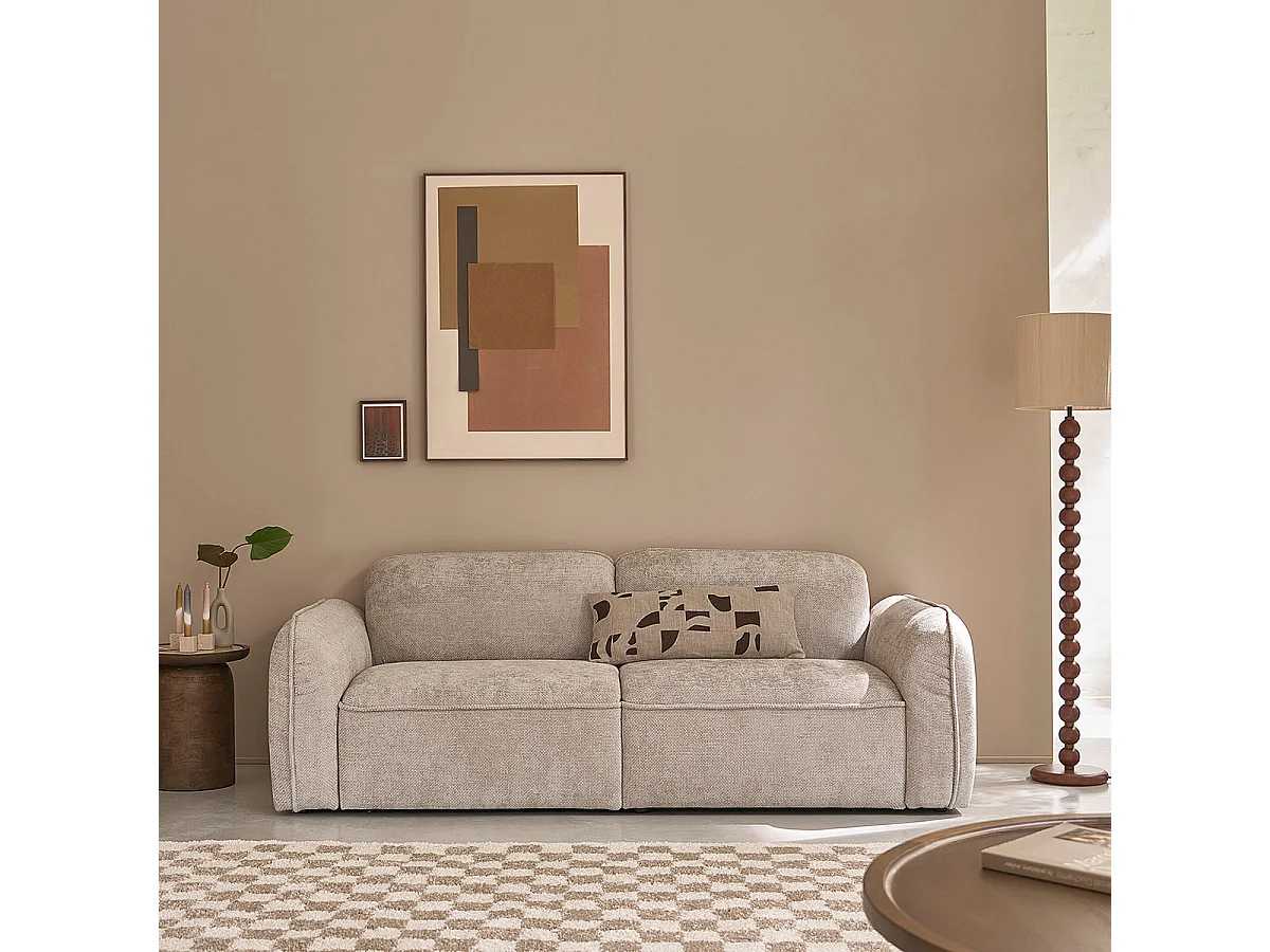 Canapé droit 3 places en velours tressé beige