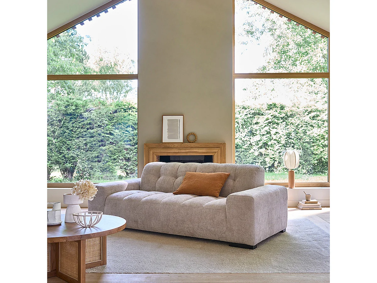 Divano lineare a 3 posti in velluto intrecciato beige