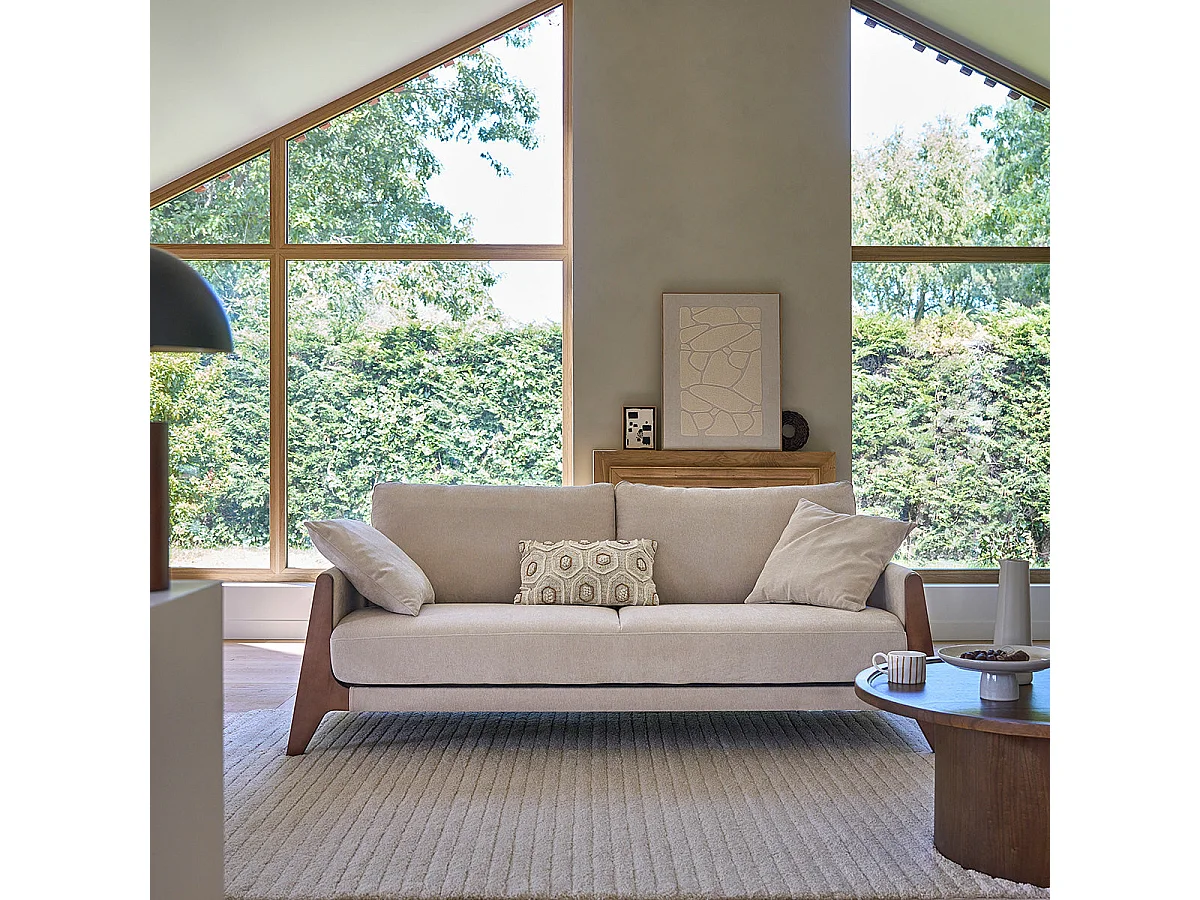 Divano lineare a 4 posti in legno massello e velluto beige screziato