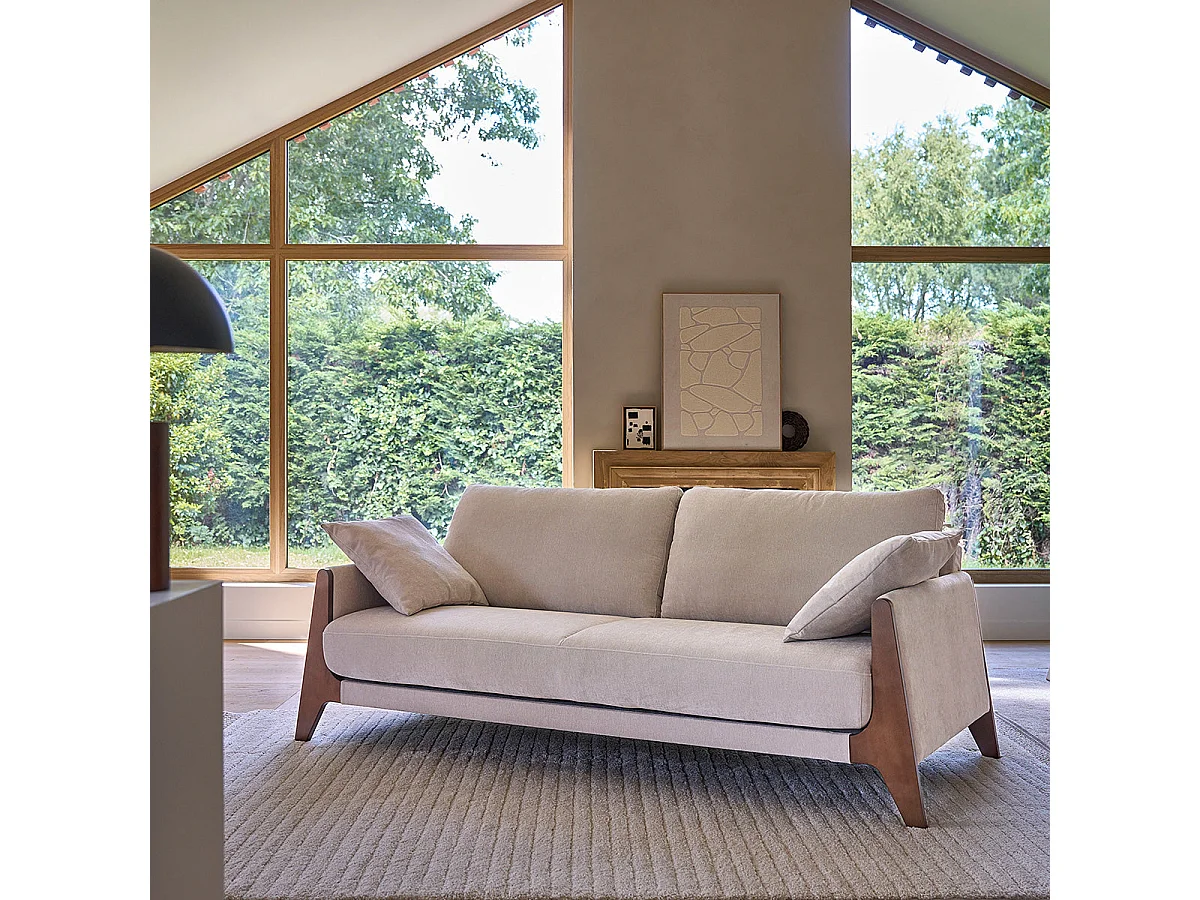 Divano lineare a 4 posti in legno massello e velluto beige screziato