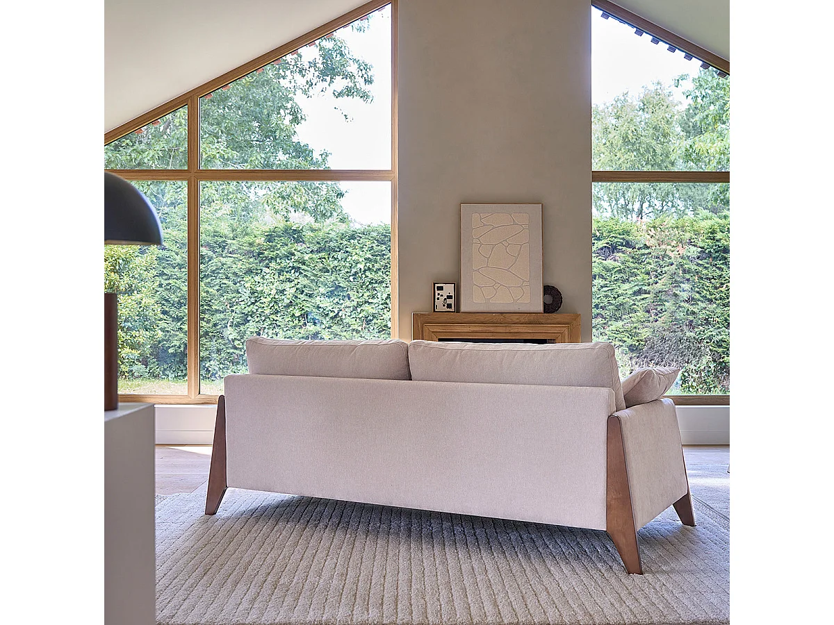 Divano lineare a 4 posti in legno massello e velluto beige screziato