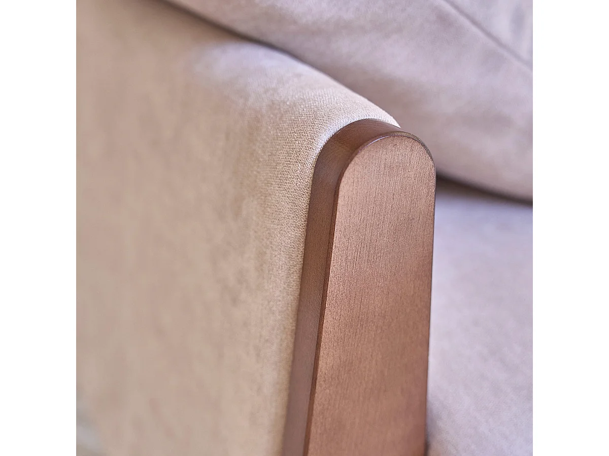 Divano lineare a 4 posti in legno massello e velluto beige screziato