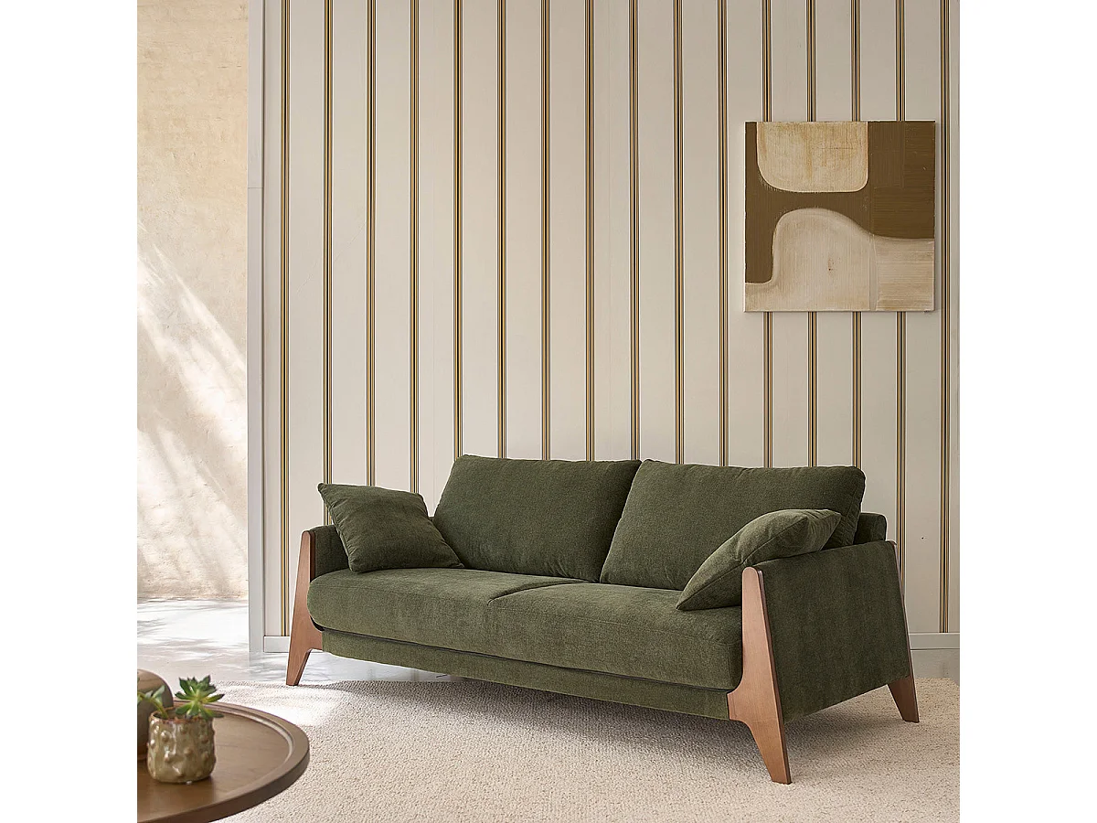 Sofá 4 plazas madera maciza terciopelo verde musgo