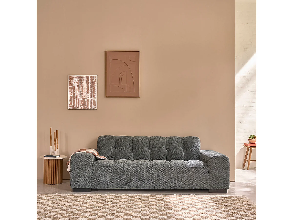 Sofá recto de 3 plazas en terciopelo trenzado verde grisáceo